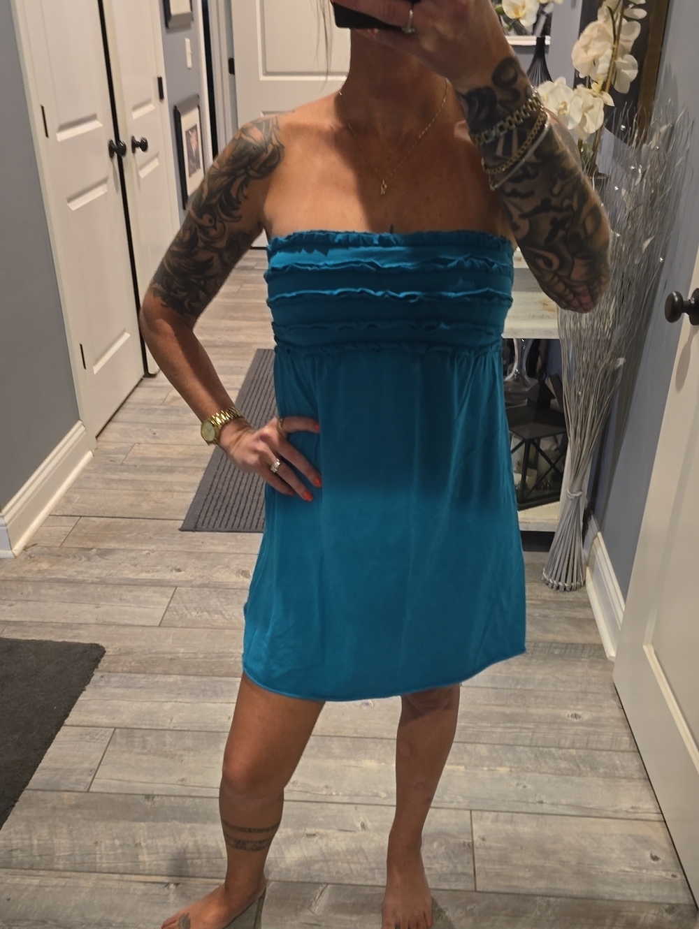 Strapless Turquoise Blue Ruffle Babydoll Dress